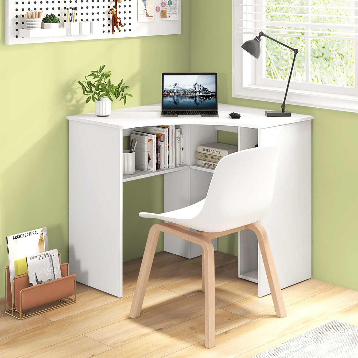 Corner Computer Desk Triangle Home Office Desk with Adjustable Shelf and Arc-Shaped Profile
