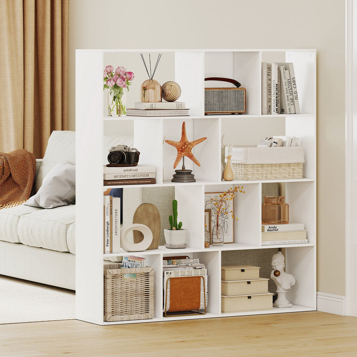 Open Shelf Bookcase 4-Tier Modern Bookshelf with 12 Storage Compartments-White