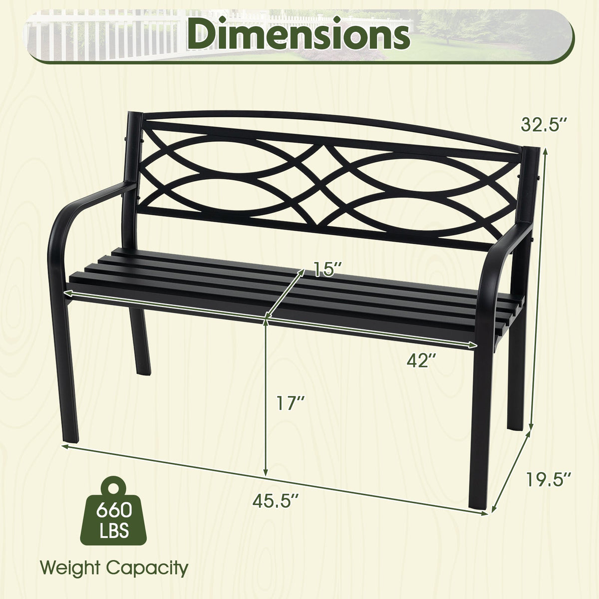 Garden Bench with Curved Armrests and Backrest-Black