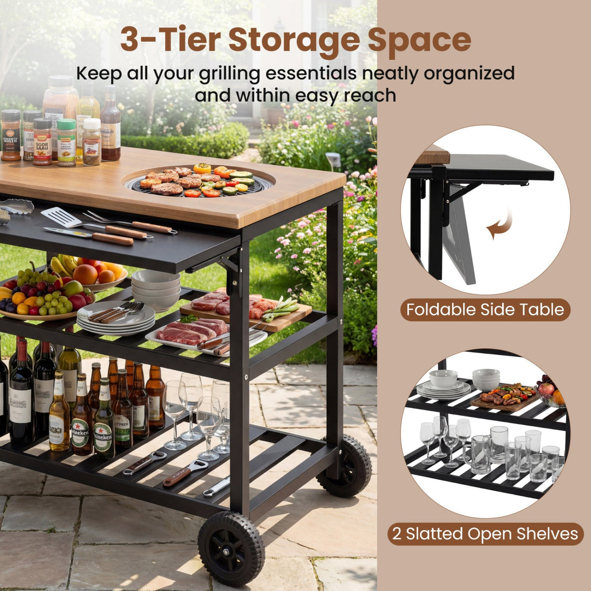 Outdoor Dining Cart with BBQ Grill and Folding Side Panel
