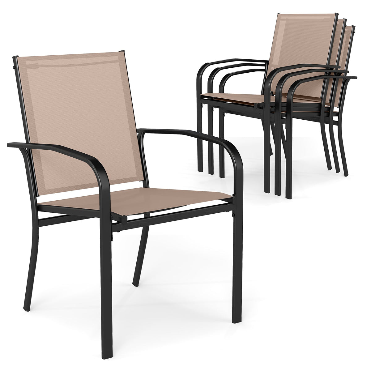 Outdoor Dining Chairs Set of 4 with High Back and Metal Frame-Light Brown