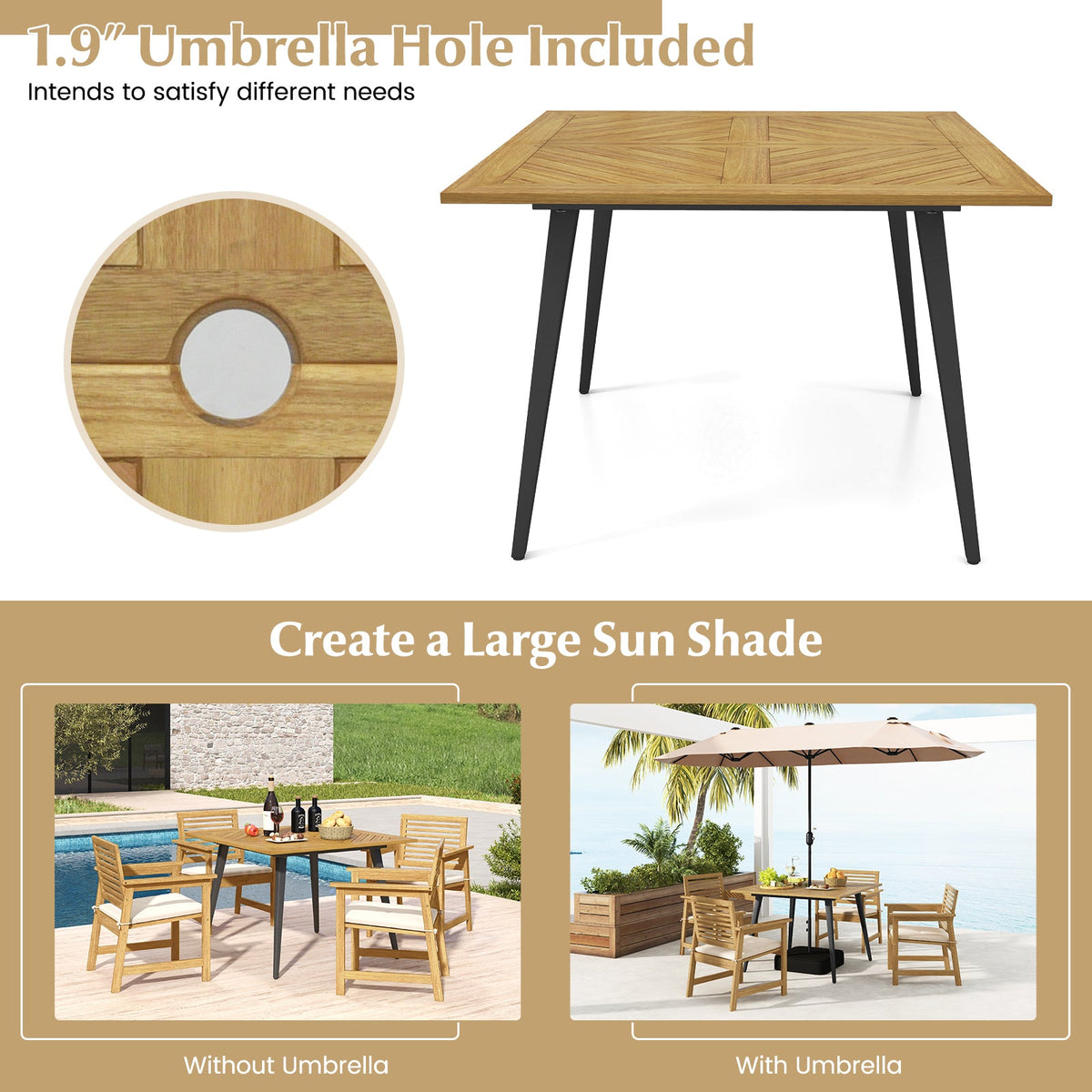 4-Person Acacia Wood Outdoor Dining Table for Garden Poolside and Backyard