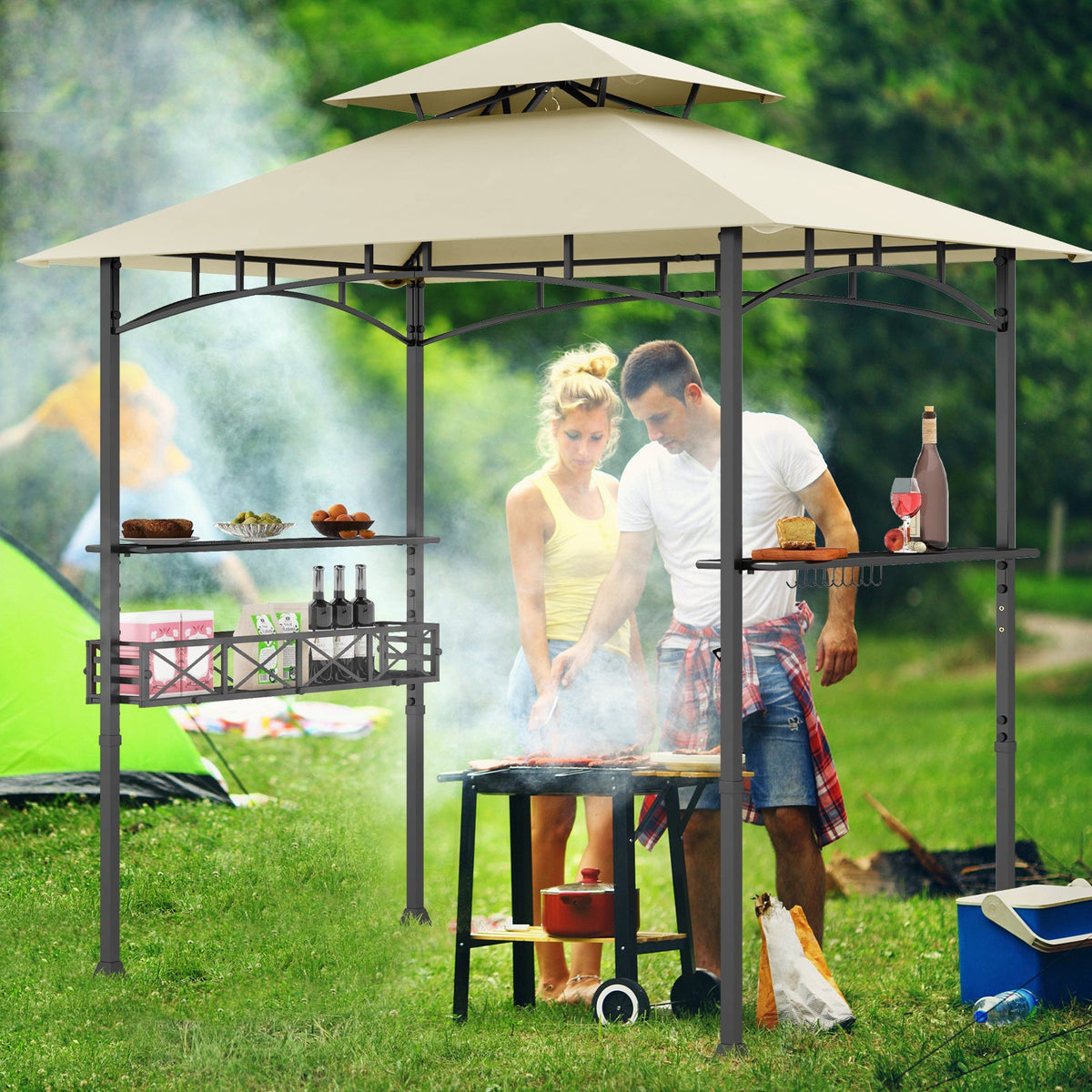 8 x 5 Feet Outdoor Grill Gazebo with 2 Side Shelves and 10 Hooks