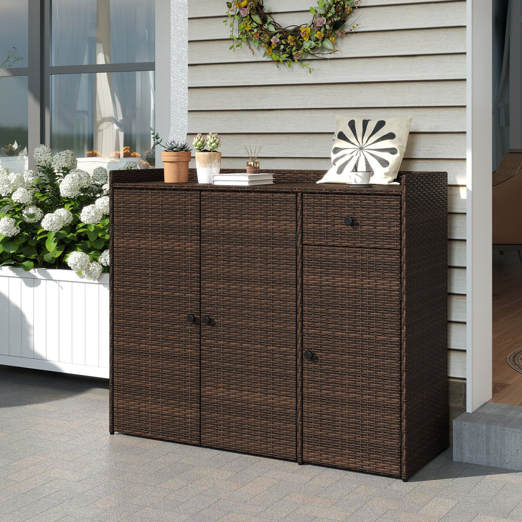 Outdoor PE Wicker Storage Cabinet with 3 Doors for Deck