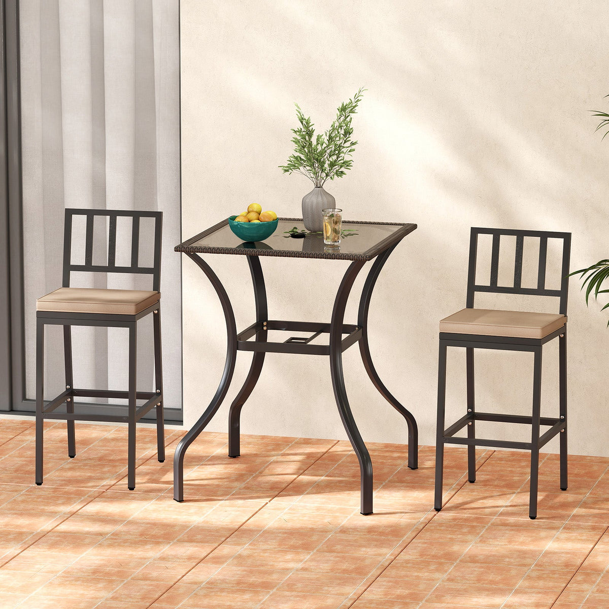 28.5 Inch Outdoor Patio Square Glass Top Table with Rattan Edging