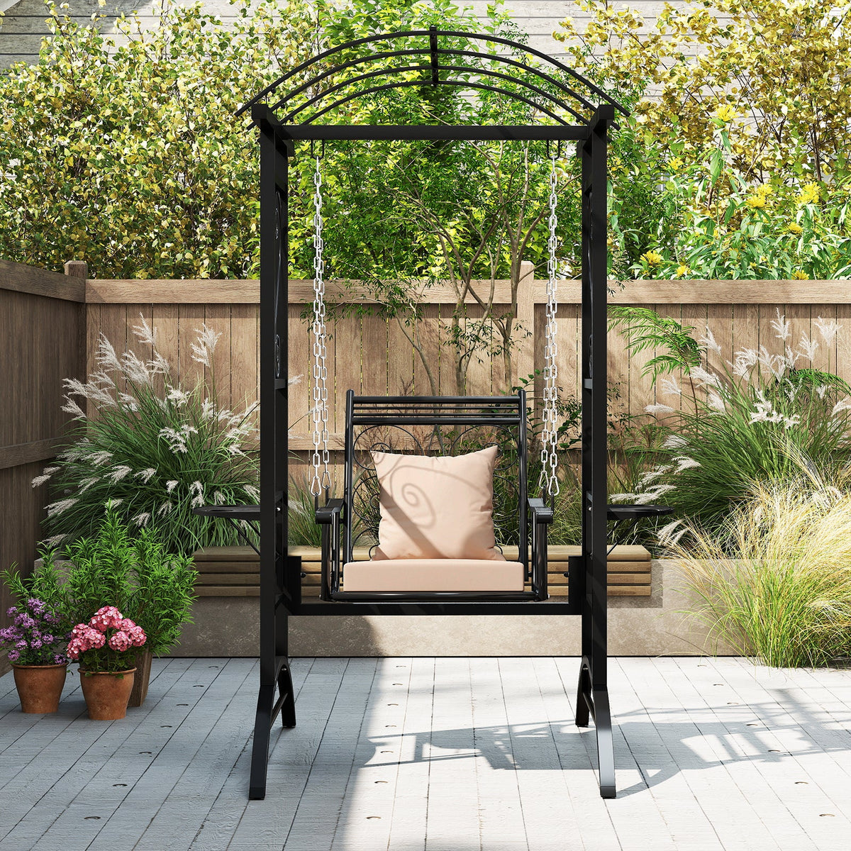 Outdoor Porch Swing with Stand and 2 Trellises for Adults-Black