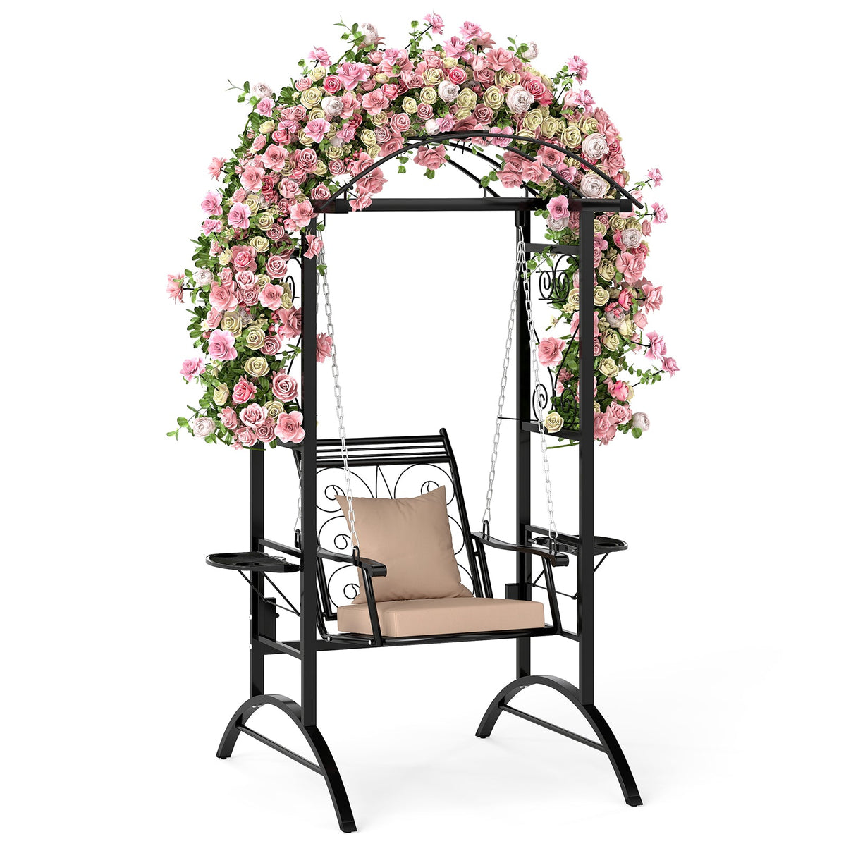 Outdoor Porch Swing with Stand and 2 Trellises for Adults-Black
