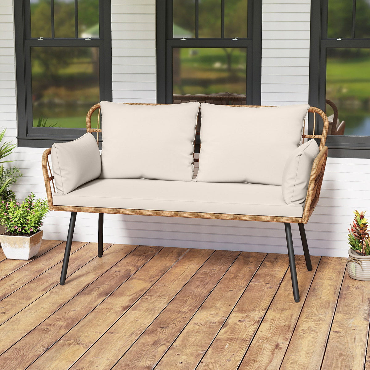Outdoor Rattan 2-Seat Chair with Seat Back Cushions and Heavy-Duty Metal Legs