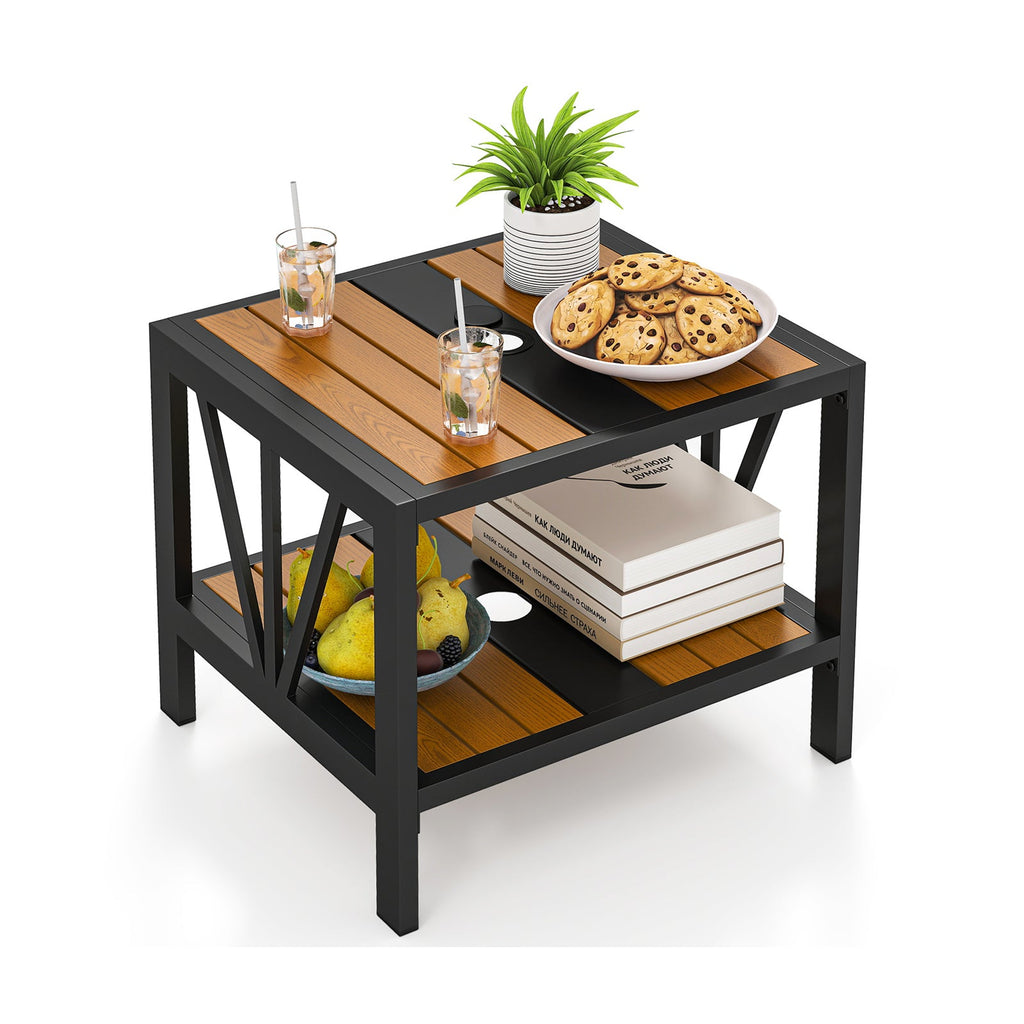Outdoor Side Table with Umbrella Hole and Storage Shelf for Porch