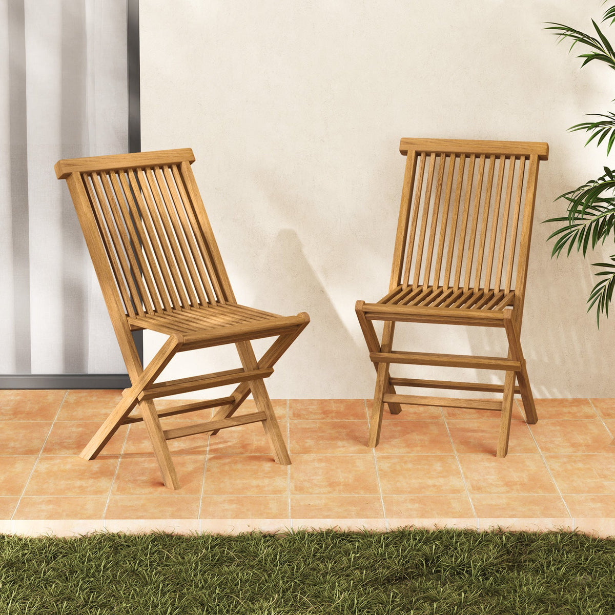 Outdoor Teak Wood Chairs Set of 2 with Slatted Seat and Backrest