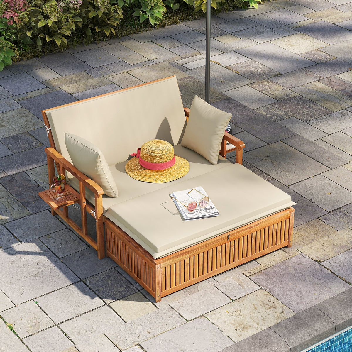 Outdoor Wooden Daybed with 4-Level Backrest and Removable Cushions-White
