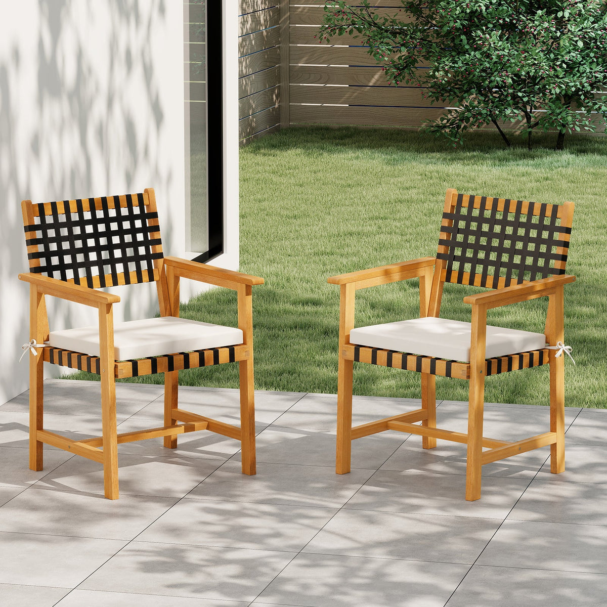 Outdoor Wooden Dining Chair Set of 2 with Armrests and Curved Back-White