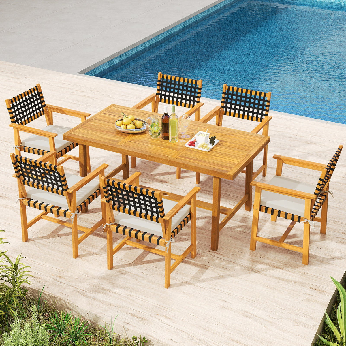 Outdoor Wooden Dining Chair Set of 2 with Armrests and Curved Back-White