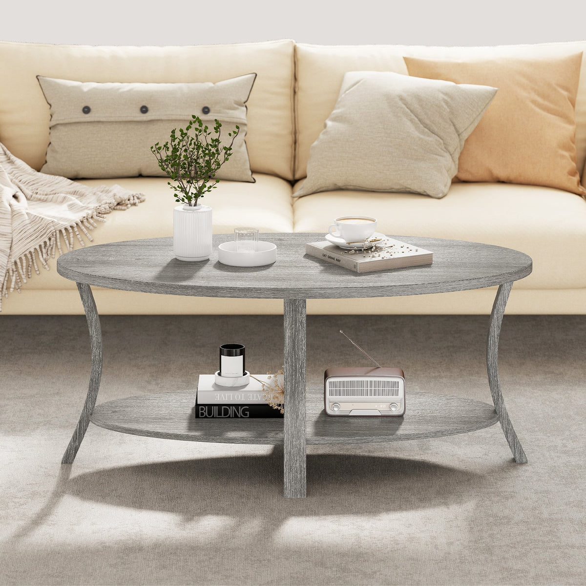 Oval Coffee Table 2-Tier Center Table with Storage Shelf-Gray