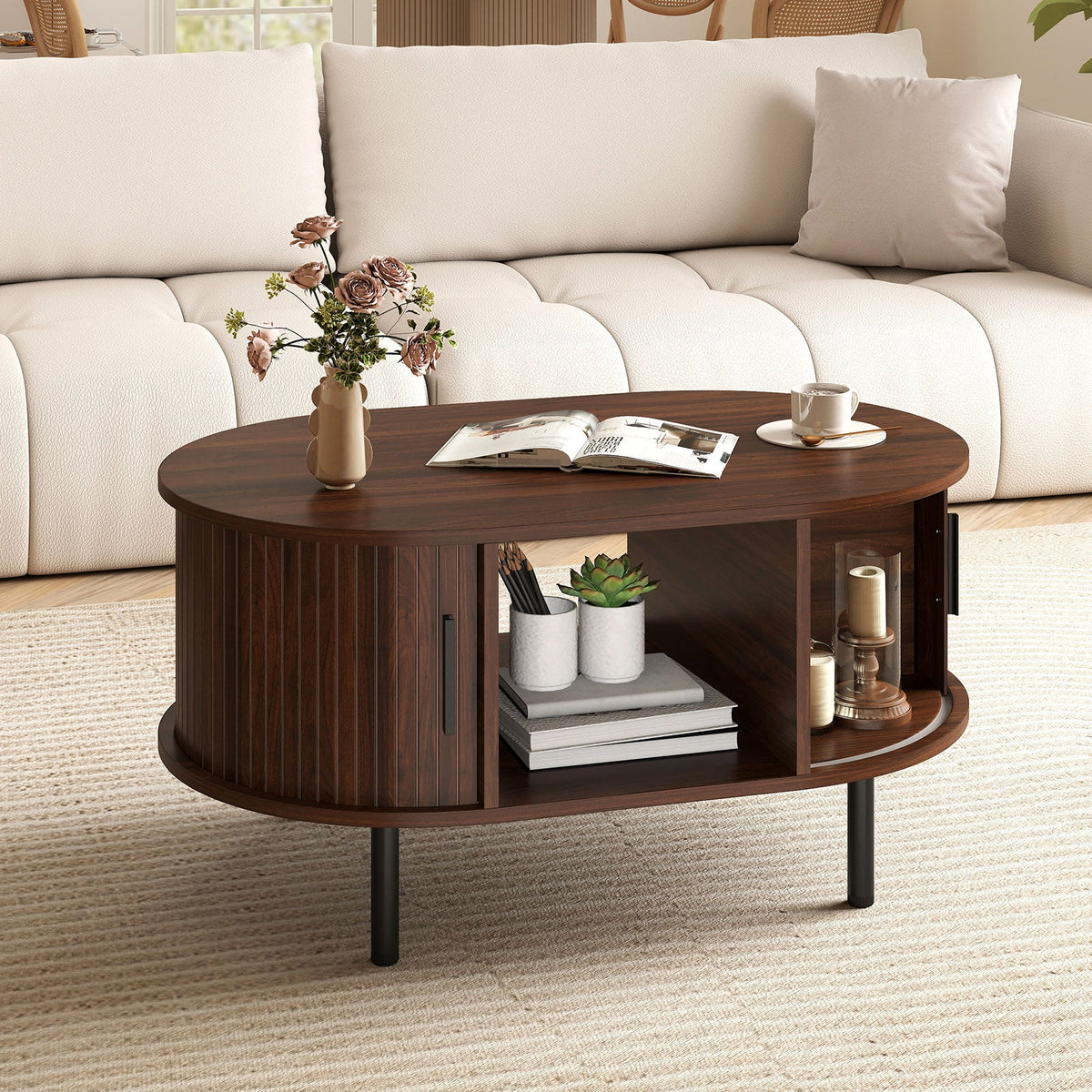Oval Coffee Table with Open Compartment and Sector Shelves-Walnut