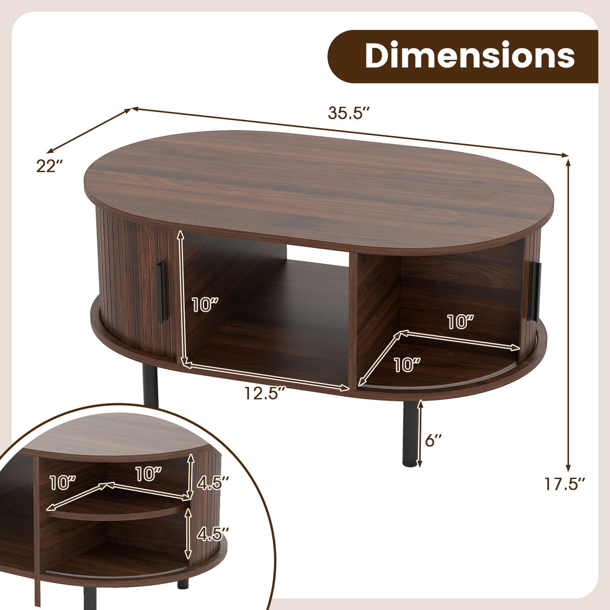 Oval Coffee Table with Open Compartment and Sector Shelves-Walnut