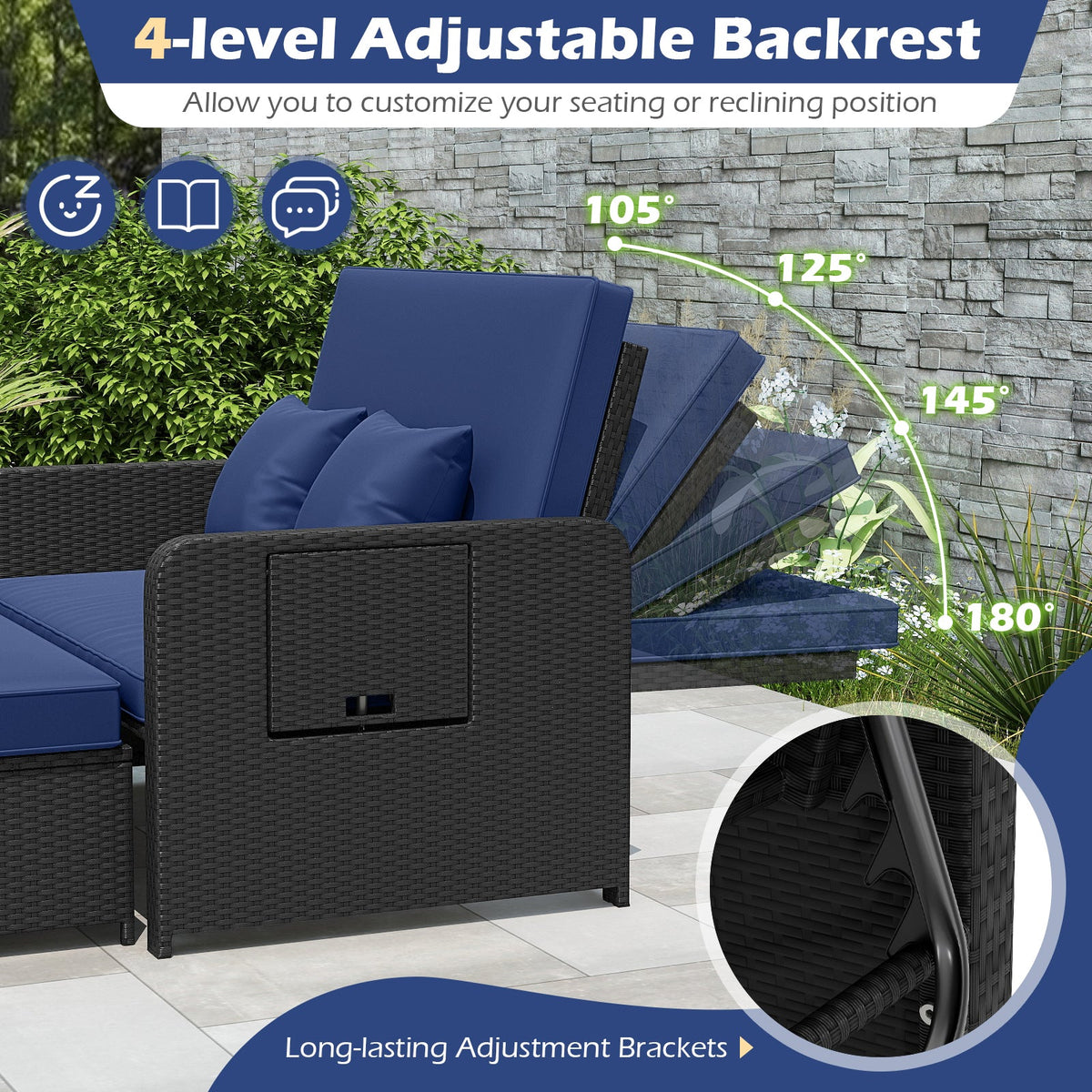 PE Wicker Outdoor Daybed with 4-Level Adjustable Backrest and Storage Ottoman