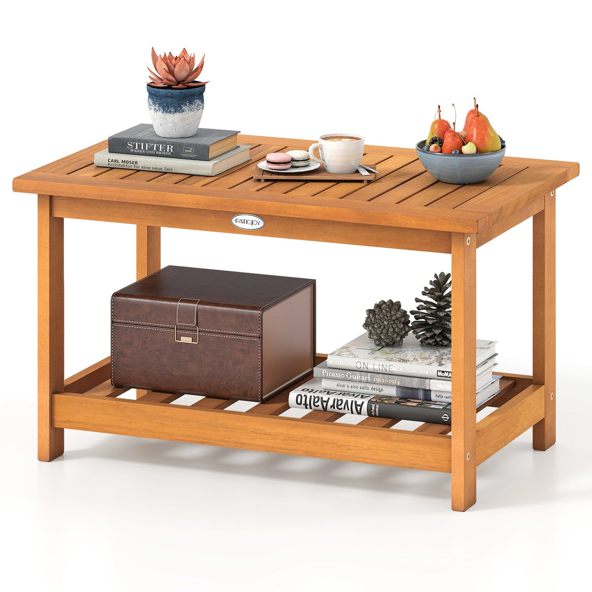 Patio Acacia Wood Coffee Table 2-Tier Rectangular Center Table