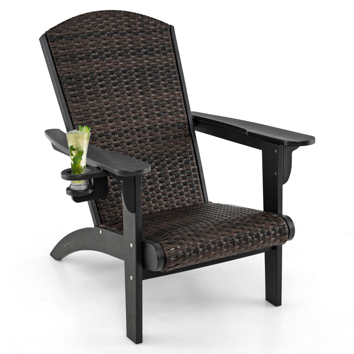 Patio Adirondack Chair with Rattan Padded Seat and Hidden Cupholder