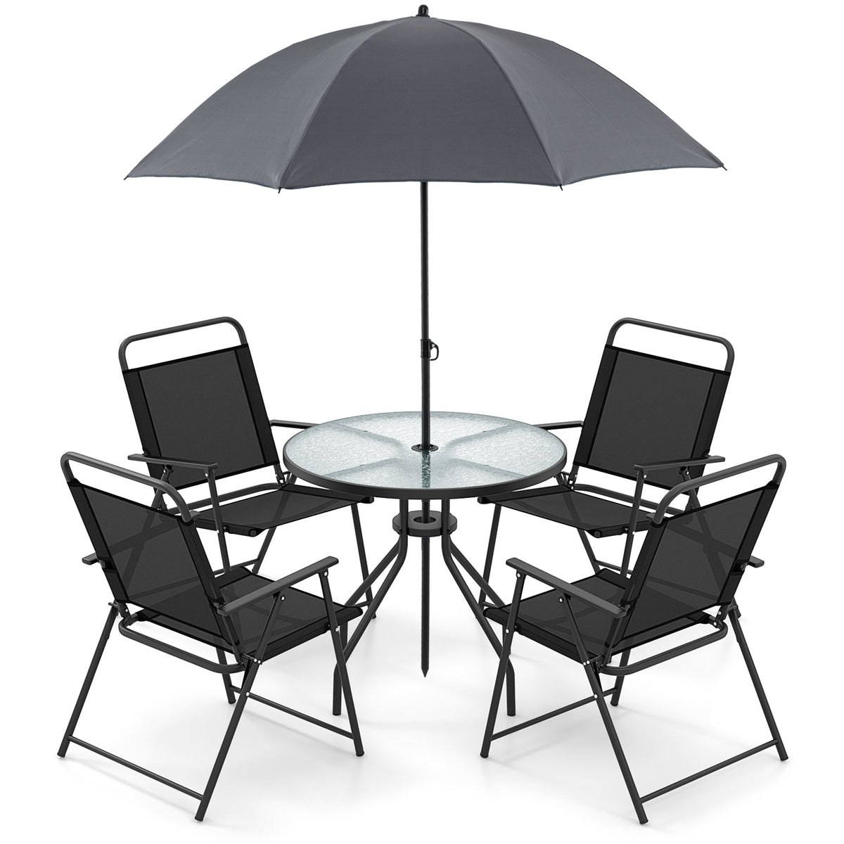 6 Pieces Patio Dining Set Folding Chairs Glass Table Tilt Umbrella for Garden