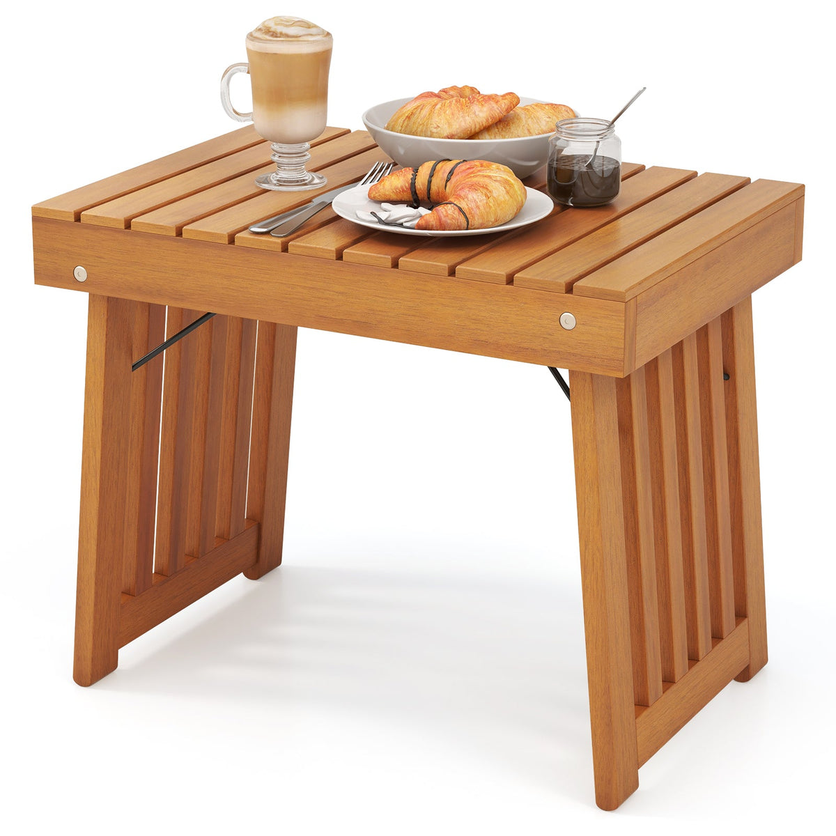 Patio Foldable Side Table with Slatted Tabletop for Backyard