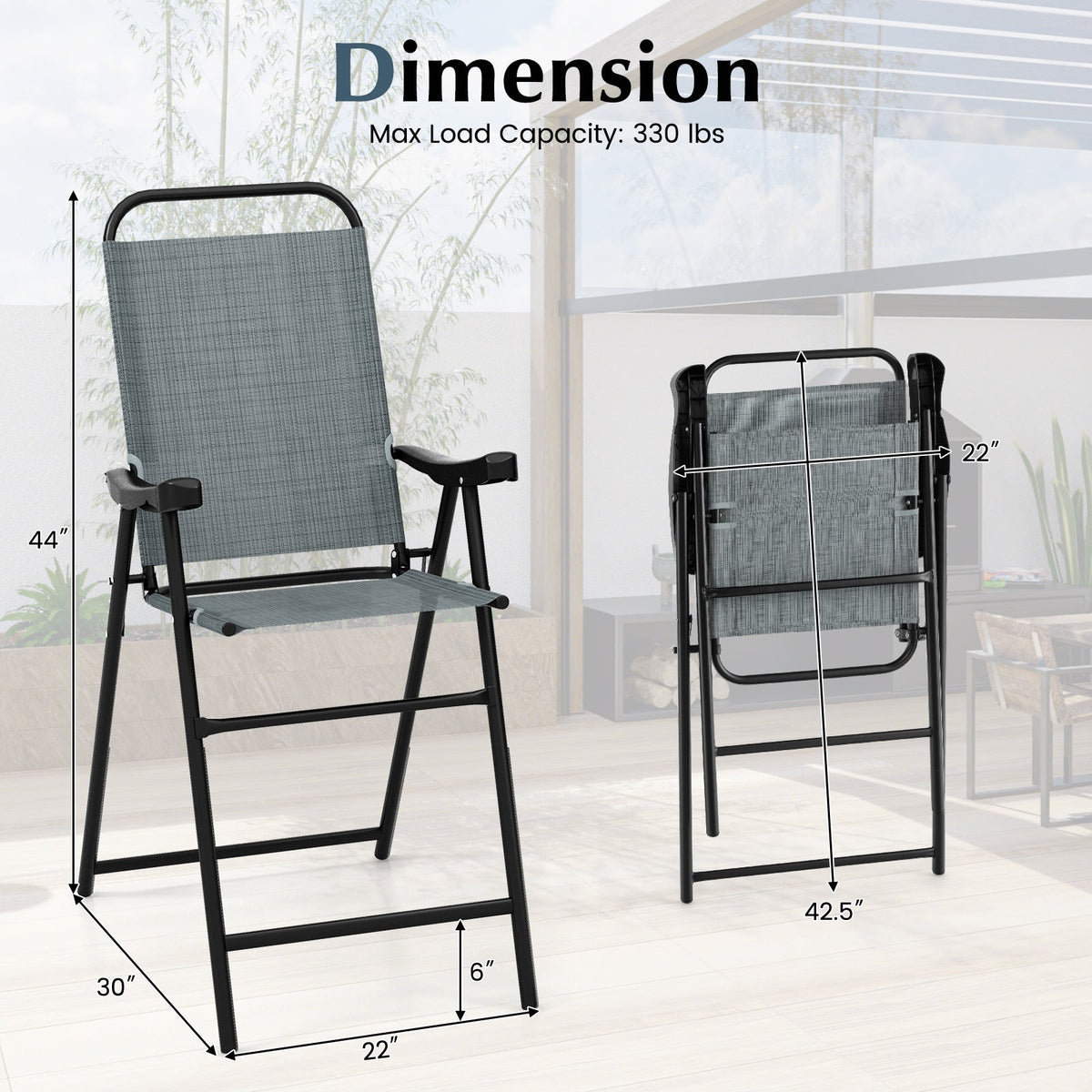 Patio Folding Bar Stool Set of 2 with Metal Frame and Footrest