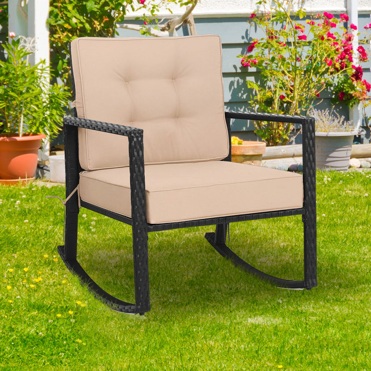 Rattan Rocking Chair with Cushion for Patio & Garden
