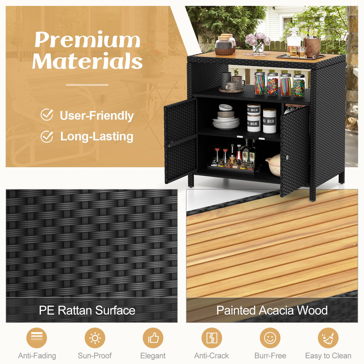 Rattan Storage Cabinet with Acacia Wood Countertop for Poolside Deck and Patio