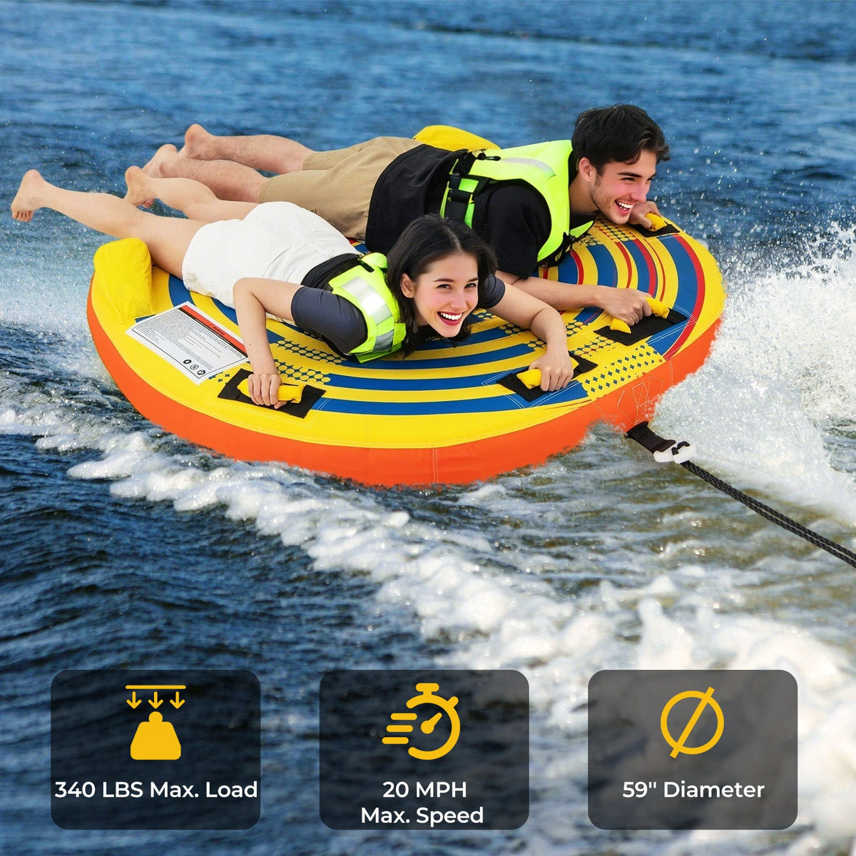 1 or 2 Person Inflatable Towable Tube for Boating with Quick Connector