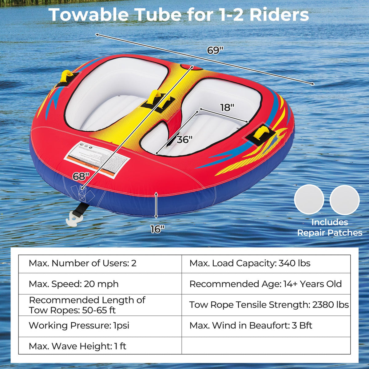 1 or 2 Person Inflatable Towable Tube for Boating with Drainage