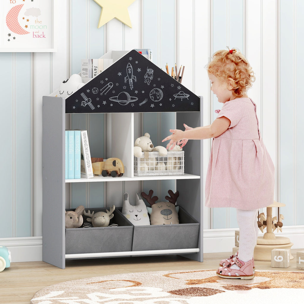 Playhouse Kids Bookshelf with Chalkboard and Whiteboard for 3-6 Years
