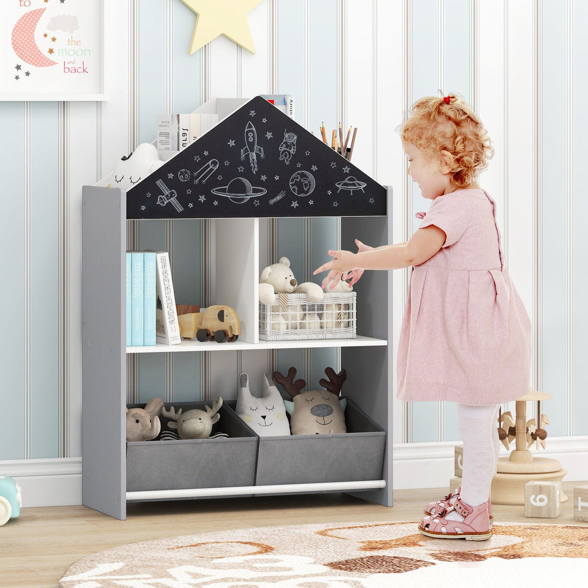Playhouse Kids Bookshelf with Chalkboard and Whiteboard for 3-6 Years