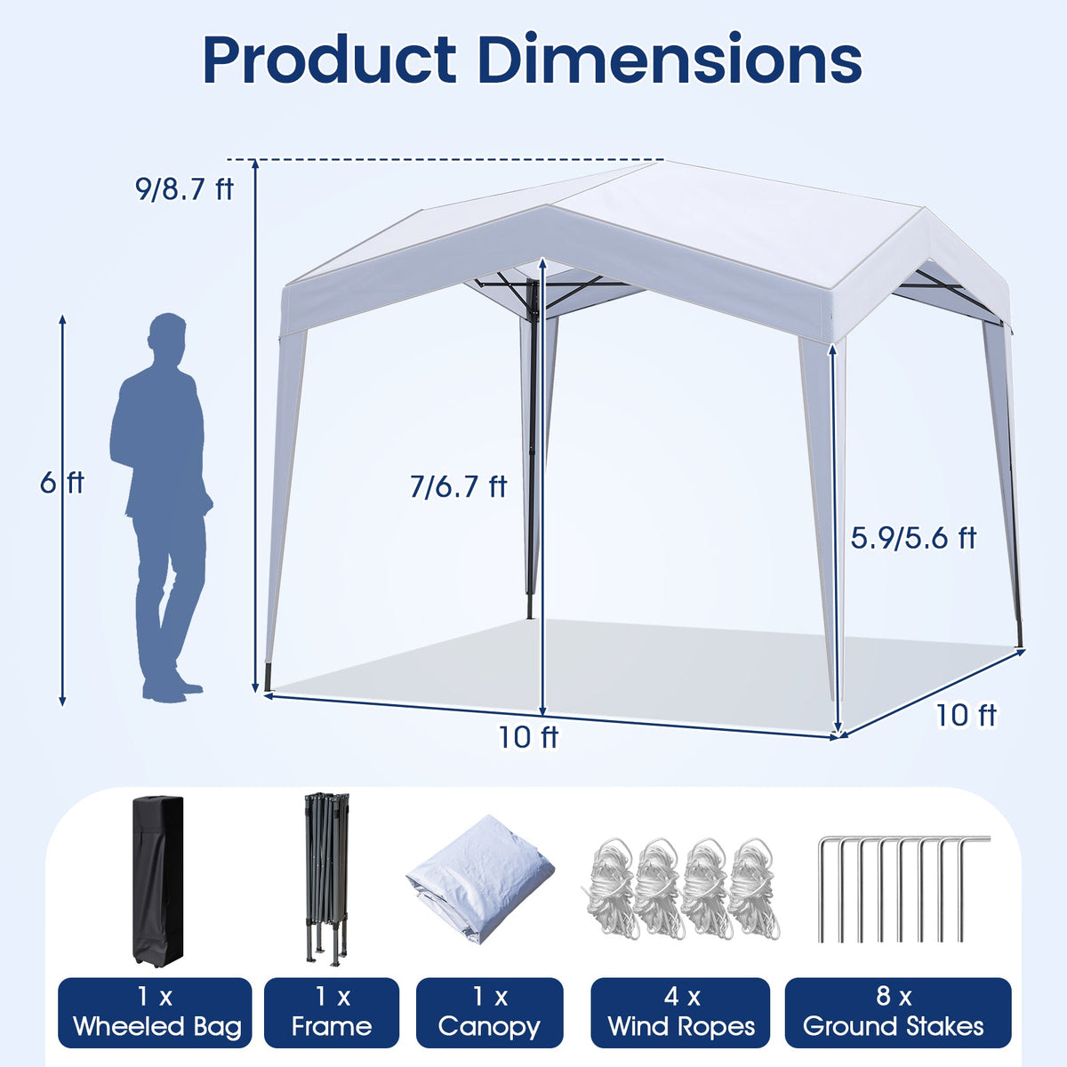 Pop up Canopy Tent with Portable Wheeled Bag 8 Stakes 4 Wind Ropes-White