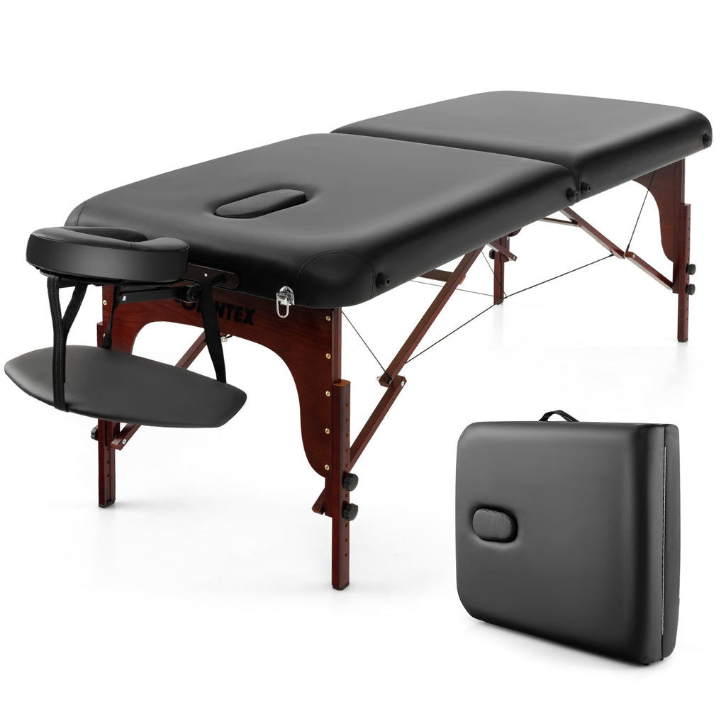 Folding Massage Table with Height-adjustable Beech Wood Frame-Black