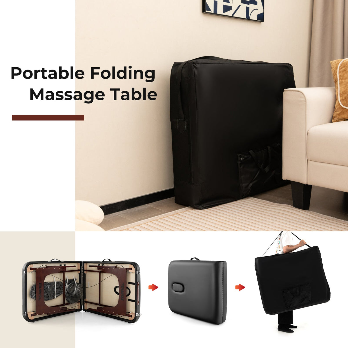 Folding Massage Table with Height-adjustable Beech Wood Frame-Black