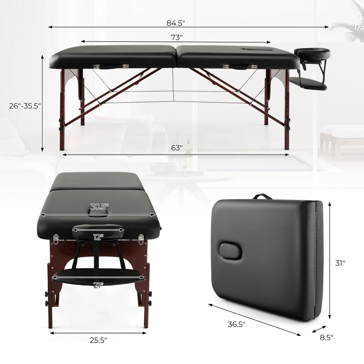 Folding Massage Table with Height-adjustable Beech Wood Frame-Black