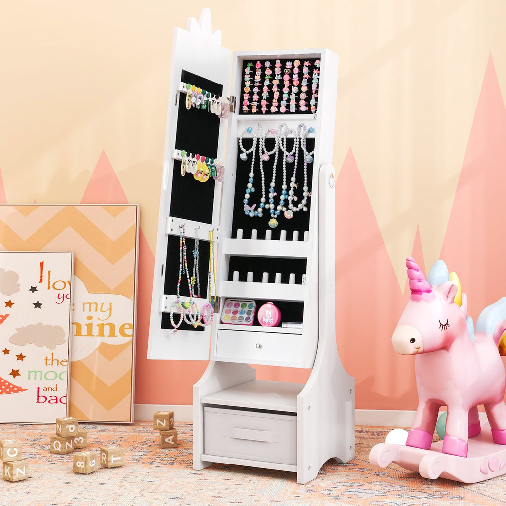 Kids Princess Vanity Table and Stool Set with Jewelry Cabinet and Mirror Drawer