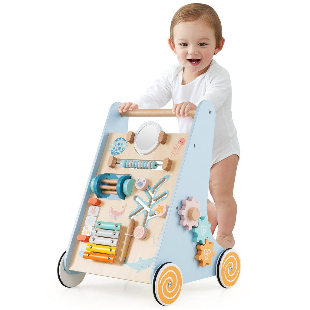Wooden Baby Walker Push and Pull Learning Activity Center with Wheels-Blue