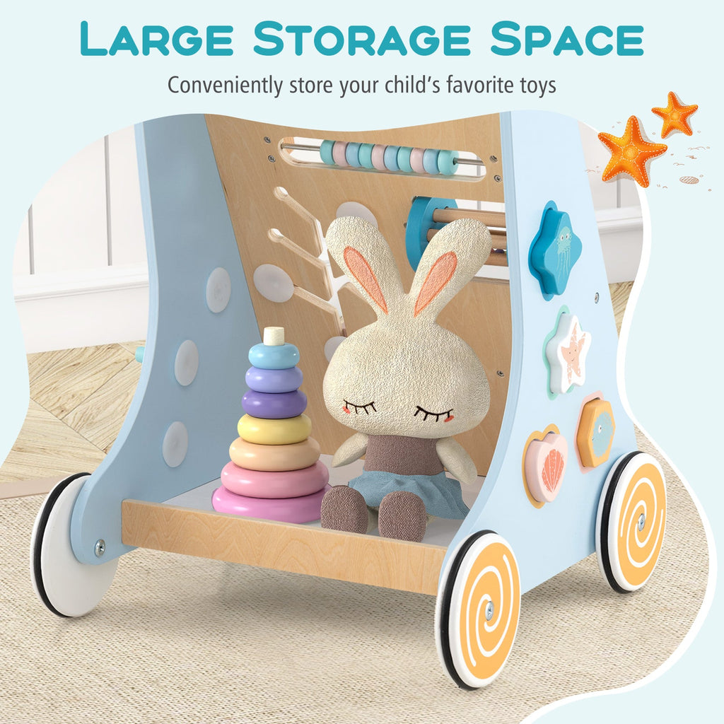 Wooden Baby Walker Push and Pull Learning Activity Center with Wheels-Blue