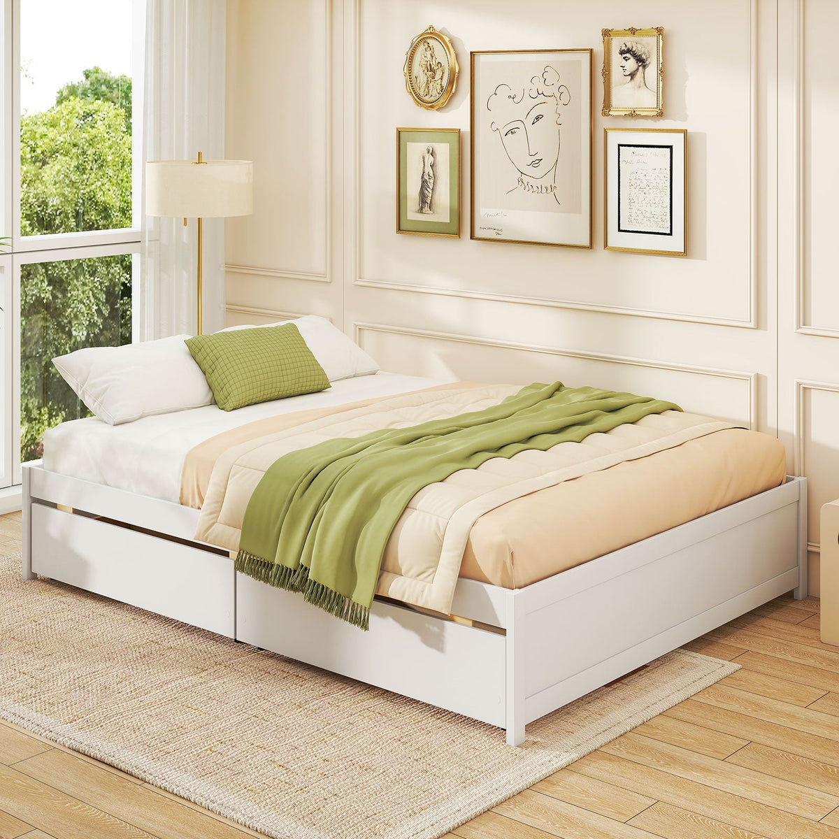 Queen Size Bed Frame with 2 Rolling Storage Drawers
