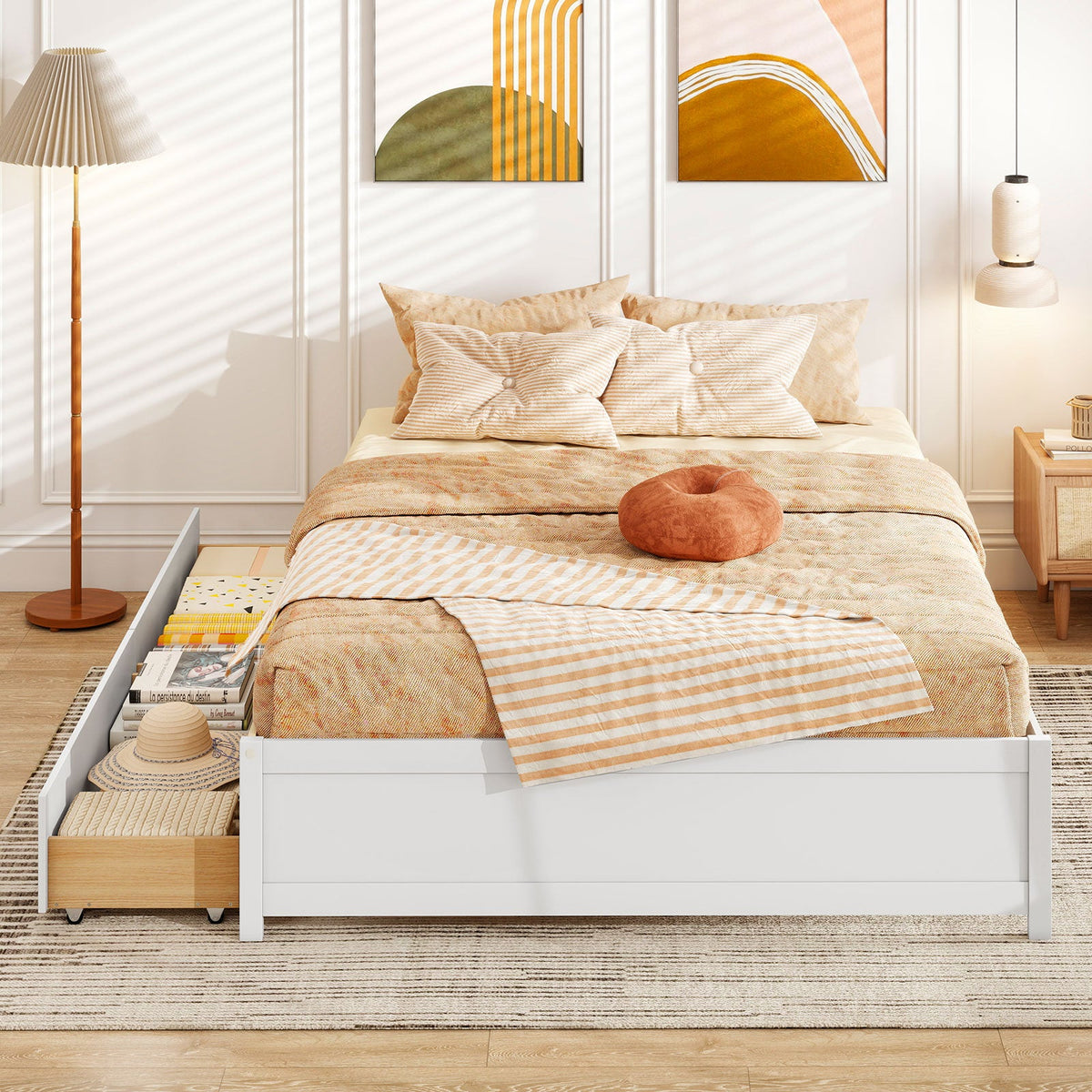 Queen Size Bed Frame with 2 Rolling Storage Drawers