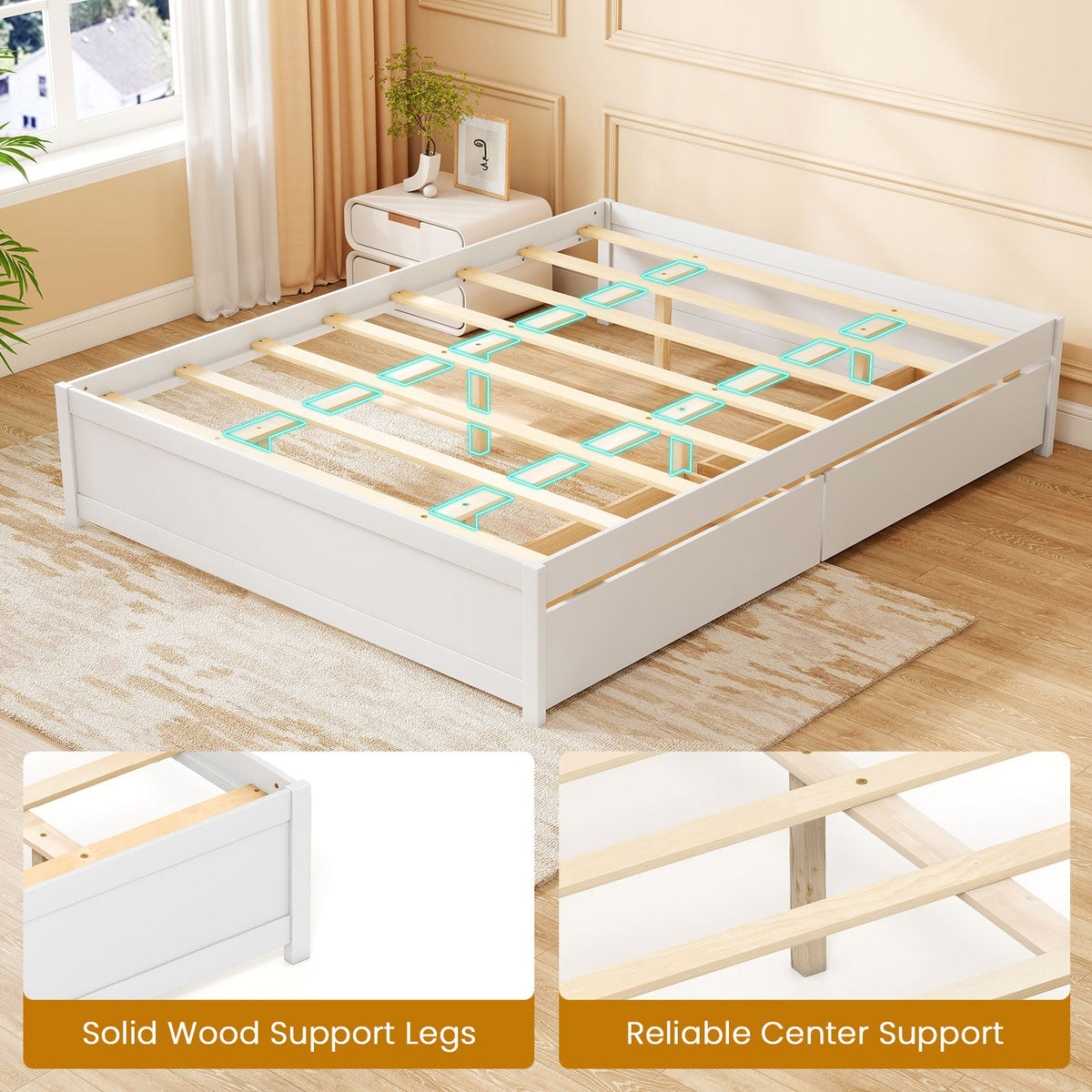 Queen Size Bed Frame with 2 Rolling Storage Drawers