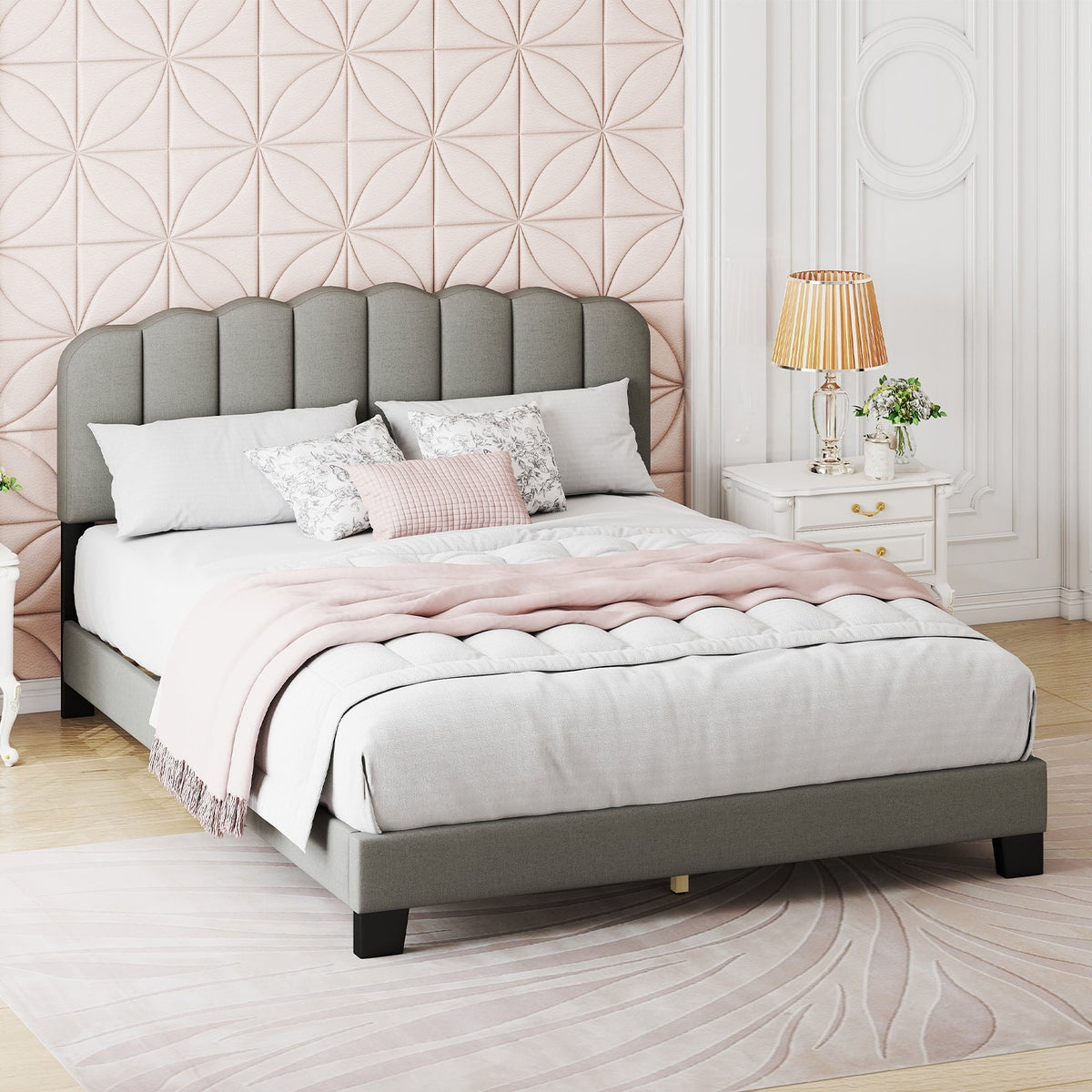 Queen Size Bed Frame with Adjustable Scalloped Tufted Headboard-Queen Size