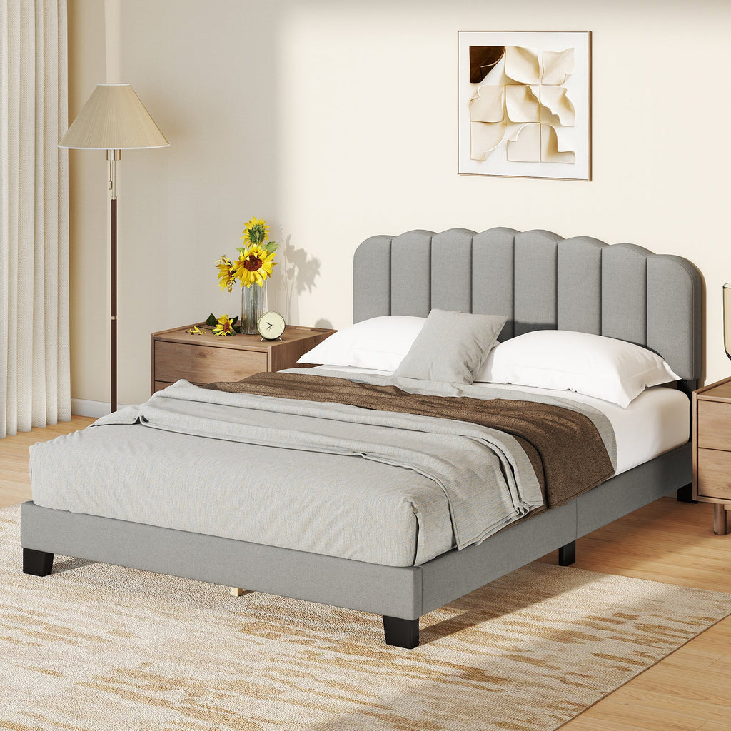 Queen Size Bed Frame with Adjustable Scalloped Tufted Headboard-Queen Size