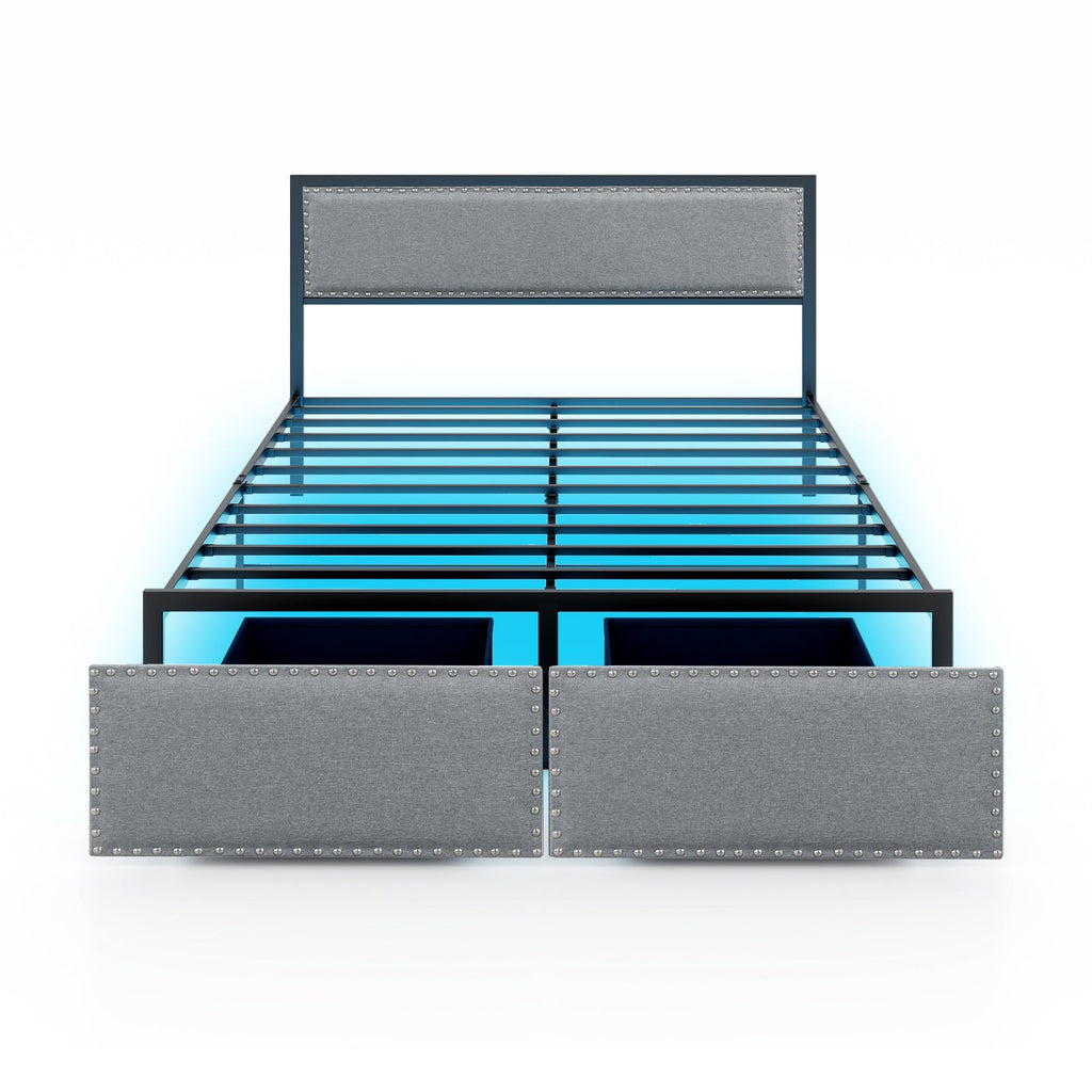 Full/Queen/Twin Size Bed Frame with LED Lights Drawer and Metal Slats
