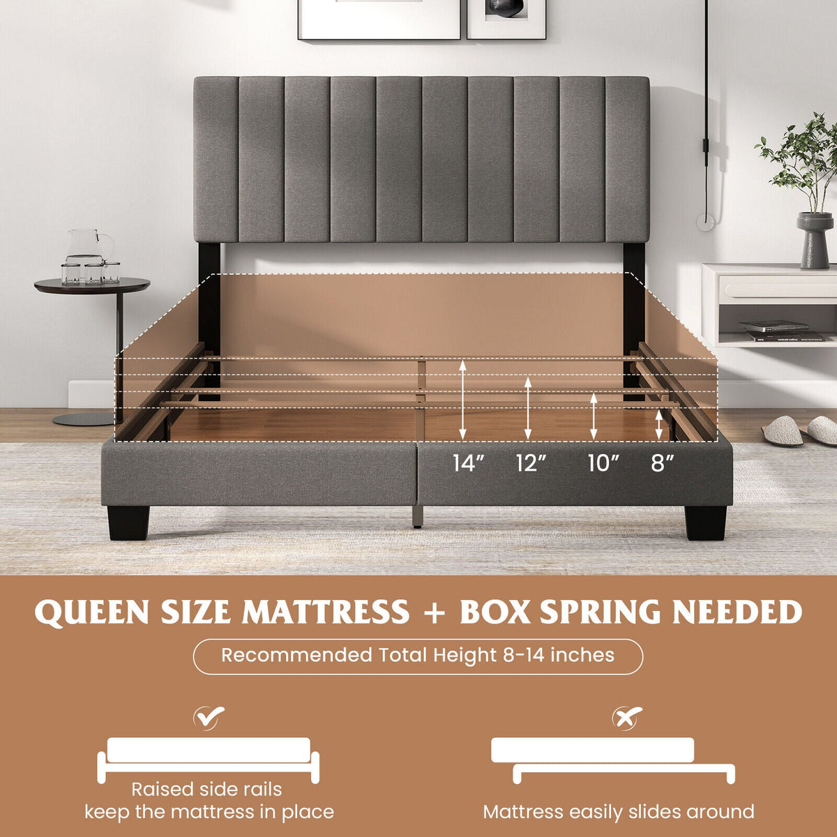 Queen Size Upholstered Bed Frame with Vertical Channel Tufted Headboard Gray