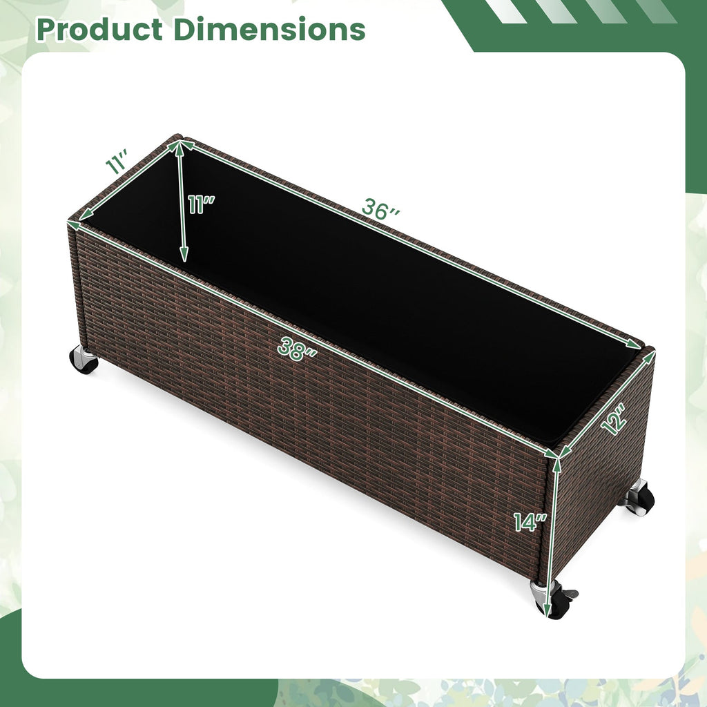 Raised Garden Bed PE Rattan Wicker Patio Planter Box with Wheels and Liner