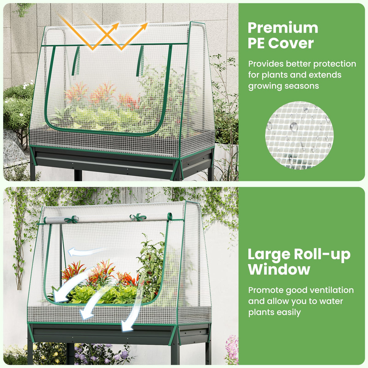 3-in-1 Raised Garden Bed with Greenhouse Cover and Trellis-Grey