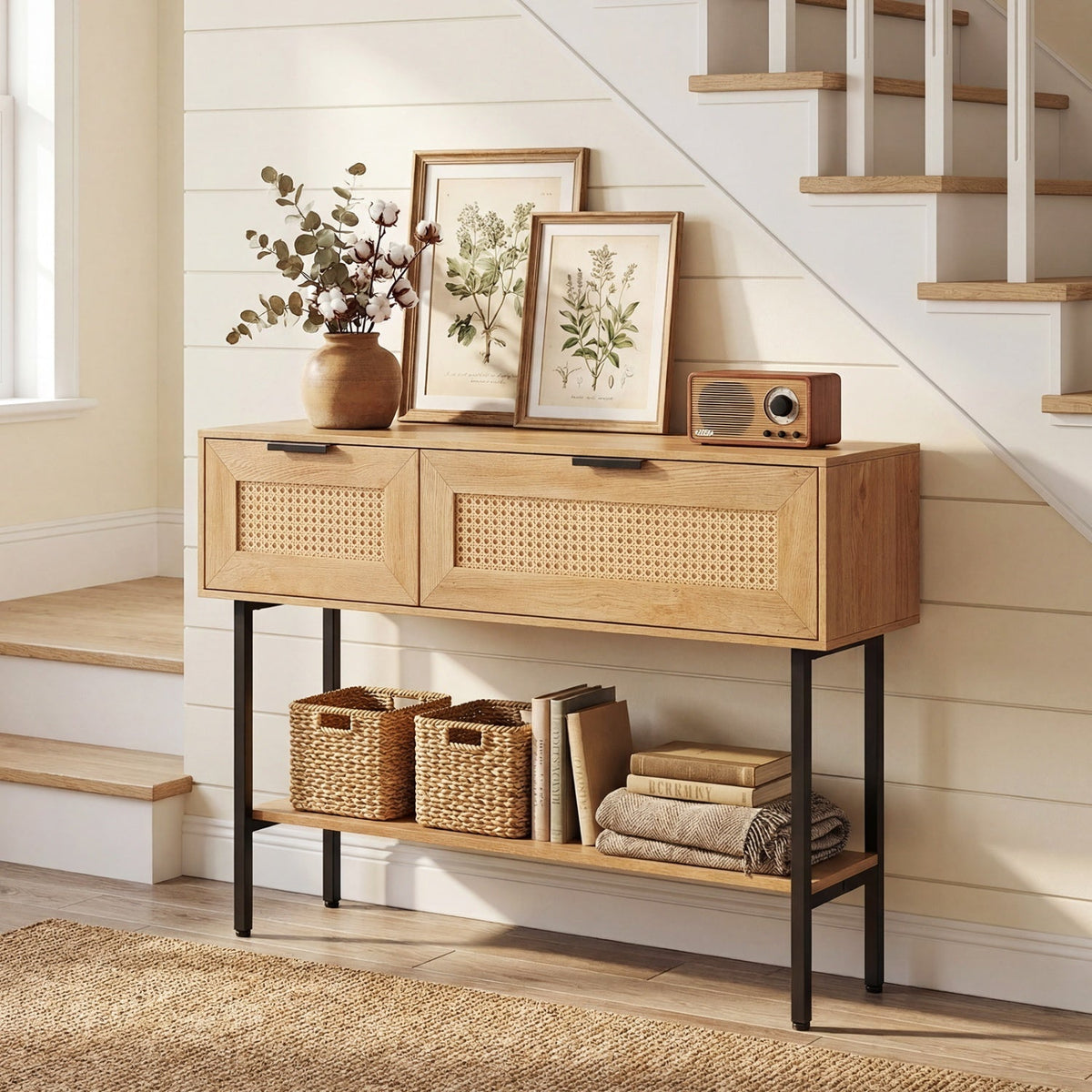 Rattan Console Table with 2 Storage Cabinets Shelf Carbon Steel Frame