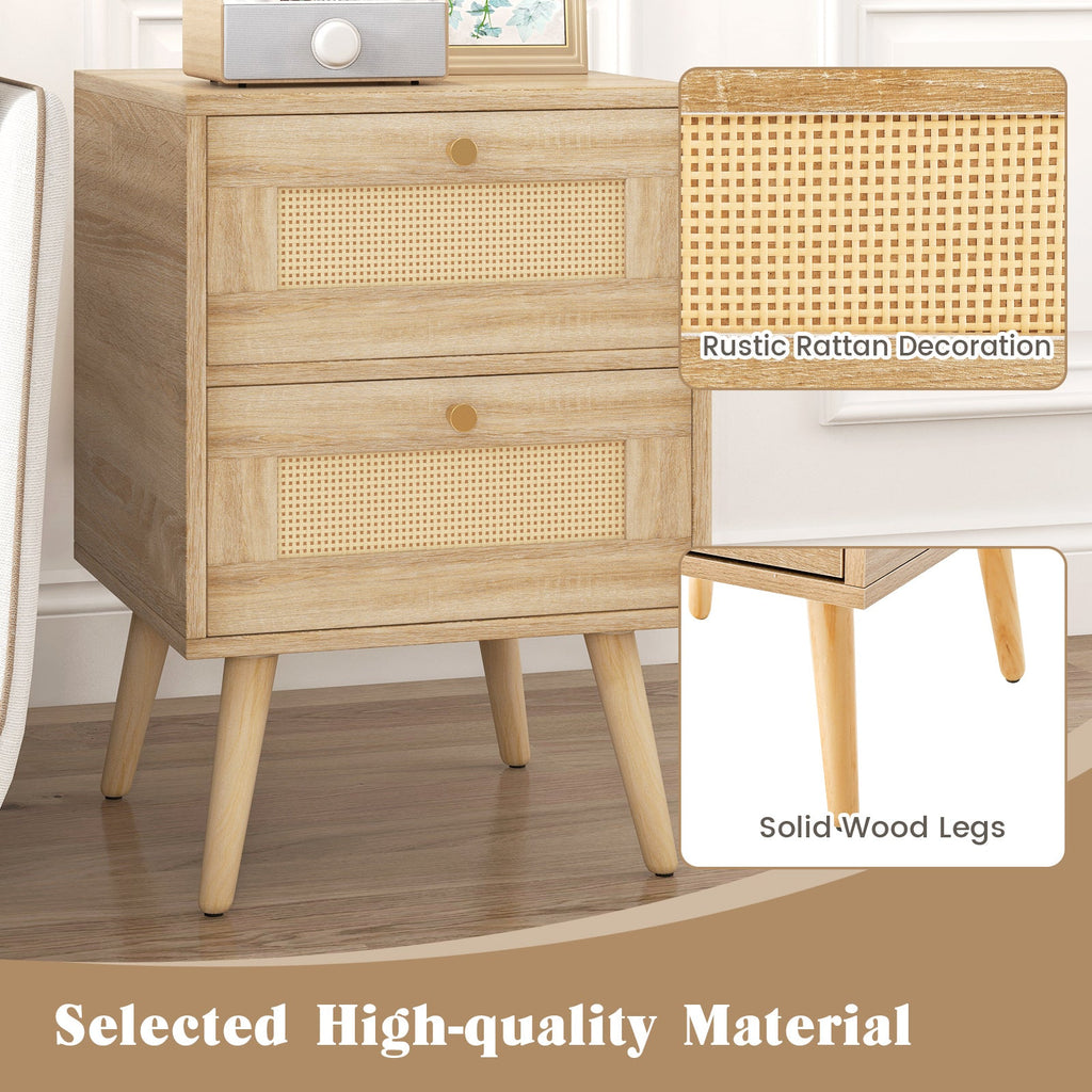 Rattan Nightstand Boho Accent Bedside Table with 2 Storage Drawers-Natural